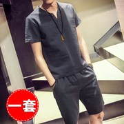 亚麻短袖t恤套装男夏季中国风棉麻半袖V领上衣潮流短裤两件套男装