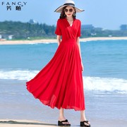 红色雪纺高端气质连衣裙女2024夏季拍照长款纱裙度假沙滩长裙