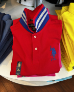 lisa姐姐美国u.s.poloassn短袖polo衫，红色蓝条纹领男女同款