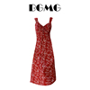 法式红色无袖吊带连衣裙，女2024年春季设计感复古碎花包臀长裙