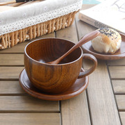 木杯木碟木勺三件套装咖啡杯子复古木餐具饮料杯子喝水杯套装