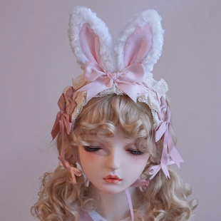本守造原创手工兔耳发带毛绒兽耳lolita蕾丝褶皱bnt粉色