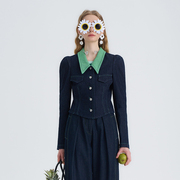N·MORE设计师品牌 23春夏 藏蓝装饰绿领收腰廓形袖外套