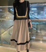 韩版女装时尚拼色拼接设计感圆领假两件宽松长袖长款连衣裙女