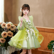 儿童礼服公主裙女童蓬蓬裙，小主持人绿色长袖，演出服幼儿园表演裙子