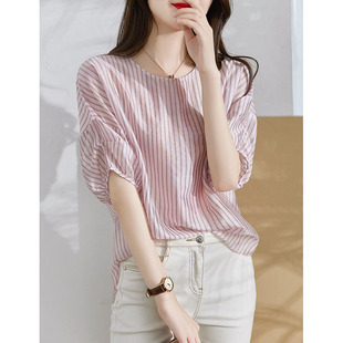 韩国夏季薄款雪纺衫女短袖2024法式小衫复古竖条纹上衣女气质