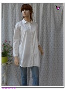 春夏季白色宽松直筒女士单排扣长袖衬衫衬衣，纯棉中长款文艺休闲