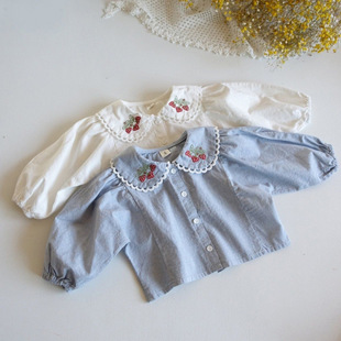 韩国婴幼童装可爱纯棉公主衬衫春季女宝宝长袖翻领绣花娃娃衫