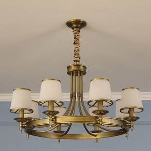 原创美式简约玻璃灯罩客厅餐厅，灯北欧现代创意别墅古铜色全铜吊灯