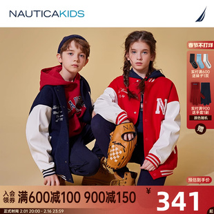 加厚nauticakids男童女童，棒球服秋冬季儿童，毛呢皮袖夹克衫