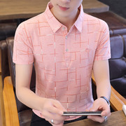 夏季短袖t恤男士韩版潮流，男装polo衫潮牌翻领半截袖休闲格子衬衫