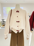 春秋国风红色毛衣，外套女蝴蝶结宽松显瘦新中式，针织开衫短款