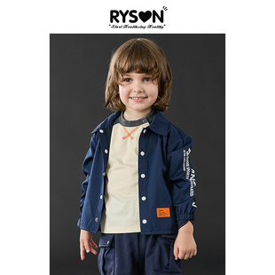 RYSON童装22秋男女童藏青色手臂字母印花薄款翻领衬衫外套棒球服