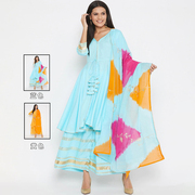 印度进口特色民族服饰 旁遮比3件套绵绸A字型裤裙套装蓝色