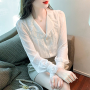 法式蕾丝白色长袖衬衫女秋季设计感小众泡泡，袖翻领上衣潮春秋气质