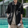 设计感拼接短袖衬衫男夏季日系cityboy宽松休闲翻领工装衬衣外套