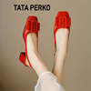 tataperko联名女鞋红色复古网纱包头单鞋，女粗跟绒面方头后空凉鞋