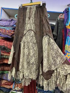 尼泊尔嬉皮风绿精灵半身裙纯棉刺绣拼接蕾丝双层超仙中长裙子古着