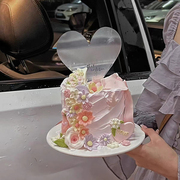 网红心形镜子生日蛋糕装饰摆件蝴蝶结玫瑰花郁金香树叶硅胶模具