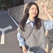 韩系简约v领灰色短款毛衣背心针织马甲女+蓝色长袖衬衫两件/套装
