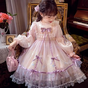 女童连衣裙春装2024蝴蝶结，洋气网纱小女孩洛丽塔，公主长袖裙子