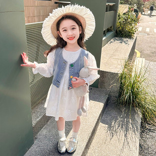 女童春装时尚套装韩版儿童早春牛仔马甲甜美蕾丝长袖连衣裙两件套