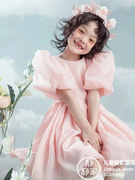 粉色连衣裙女童女孩夏装雪纺泡泡袖2023春5岁6岁儿童摄影服装