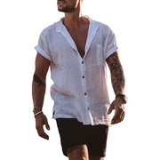 short sleeve loose cotton linen shirt men big size white top