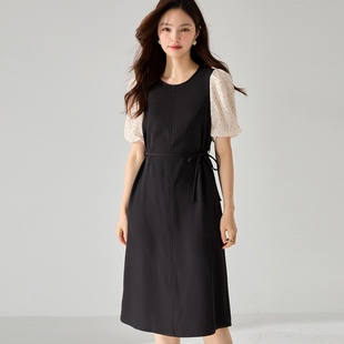 2024夏季黑色长裙通勤风高腰波点拼接设计短袖直筒连衣裙女