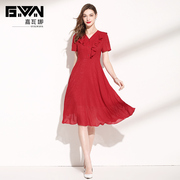 夏季女装2024年v领短袖荷叶，边气质减龄显瘦红色雪纺连衣裙夏