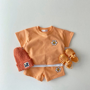 韩版ins婴幼童宝宝糖果色清爽短袖套装卫衣短裤两件套坑条夏款