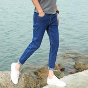 夏季韩版男生九分牛仔裤男学生，潮深蓝色修身型百搭小脚裤9分裤子