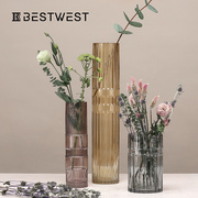 WES竹节高款玻璃花瓶摆件约客厅透明插花瓶装饰创意