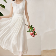 女神范白色(范白色)真丝连衣裙，长款桑蚕丝年轻款，纯色度假风名媛风仙气时尚