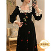 三个裁缝 法式复古玫瑰刺绣连衣裙女秋冬设计感漂亮黑色长裙