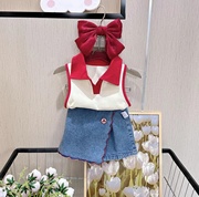 女童夏季套装2023韩版洋气小女孩polo领背心牛仔裙裤两件套潮