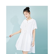 白色v领系带连衣裙女装，2020夏季韩版衬衫，宽松田园风气质裙子