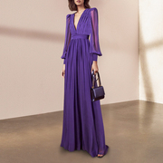 设计感紫色连衣裙女气质收腰褶皱裙子长袖V领长裙飘逸连身裙春装