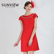 sunview尚约品牌女装春夏，钉珠蝴蝶结短袖礼服连衣裙红色收腰