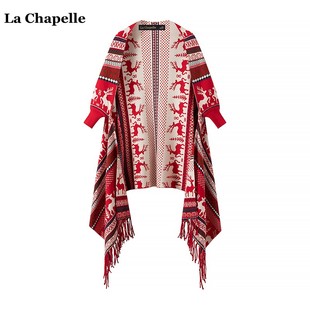 拉夏贝尔/La Chapelle红色民族风小鹿印花针织开衫女流苏披肩外套