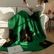 ins韩式绿色太阳花半边绒针织搭毯沙发盖毯办公午睡毯夏凉被