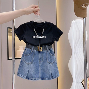 儿童韩版套装2024女童夏季短袖T恤小女孩简约牛仔短裙两件套