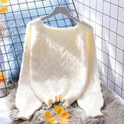 白色麻花毛衣女(毛衣女，)套头短款宽松外穿2021秋季韩版加厚方领针织衫