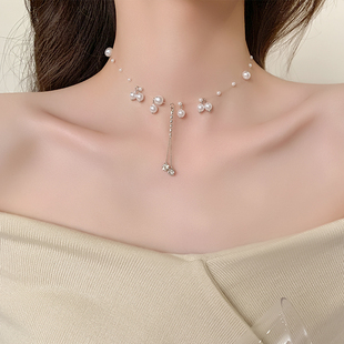 高级设计感小众珍珠，项链2024年女轻奢锁骨链闺蜜，流苏装饰颈链
