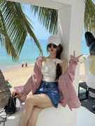 韩版粉色格子衬衫外套女春季宽松气质百搭配吊带防晒上衣