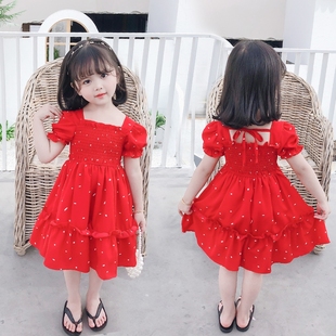 女童雪纺连衣裙夏季小童洋气网红儿童公主裙宝宝夏装女孩红色裙子
