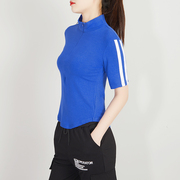 高领弹力女士2023夏季高级感蓝色t恤上衣高腰舞蹈，运动纯棉半袖t恤