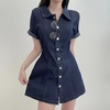 韩国chic夏季法式复古翻领，单排扣修身显瘦牛仔，衬衫连衣裙a字短裙