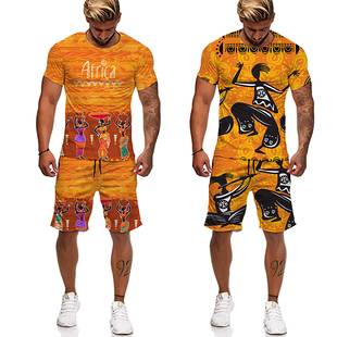 非洲民族风T恤短裤套装African ethnic print T-shirt shorts set