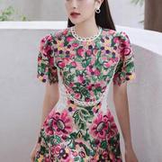 越南小众设计师品牌，2024蕾丝水溶花大花朵，玫红色连衣裙1014